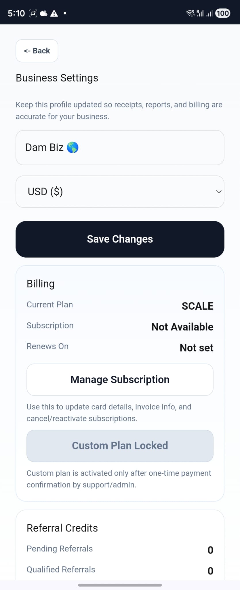 Business settings and billing screen in Moneebook