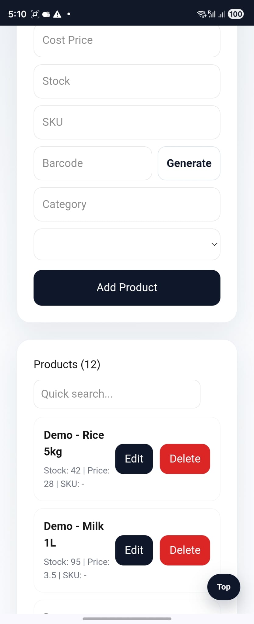 Inventory page with barcode generate button and product list