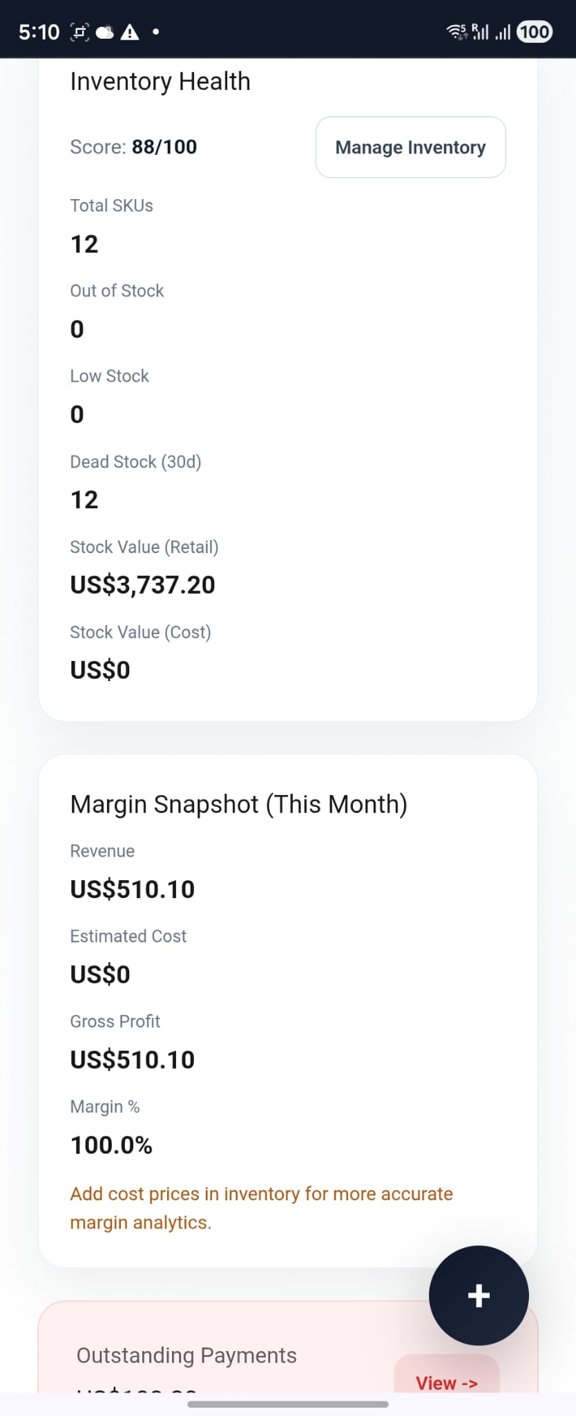 Inventory health and margin snapshot analytics card