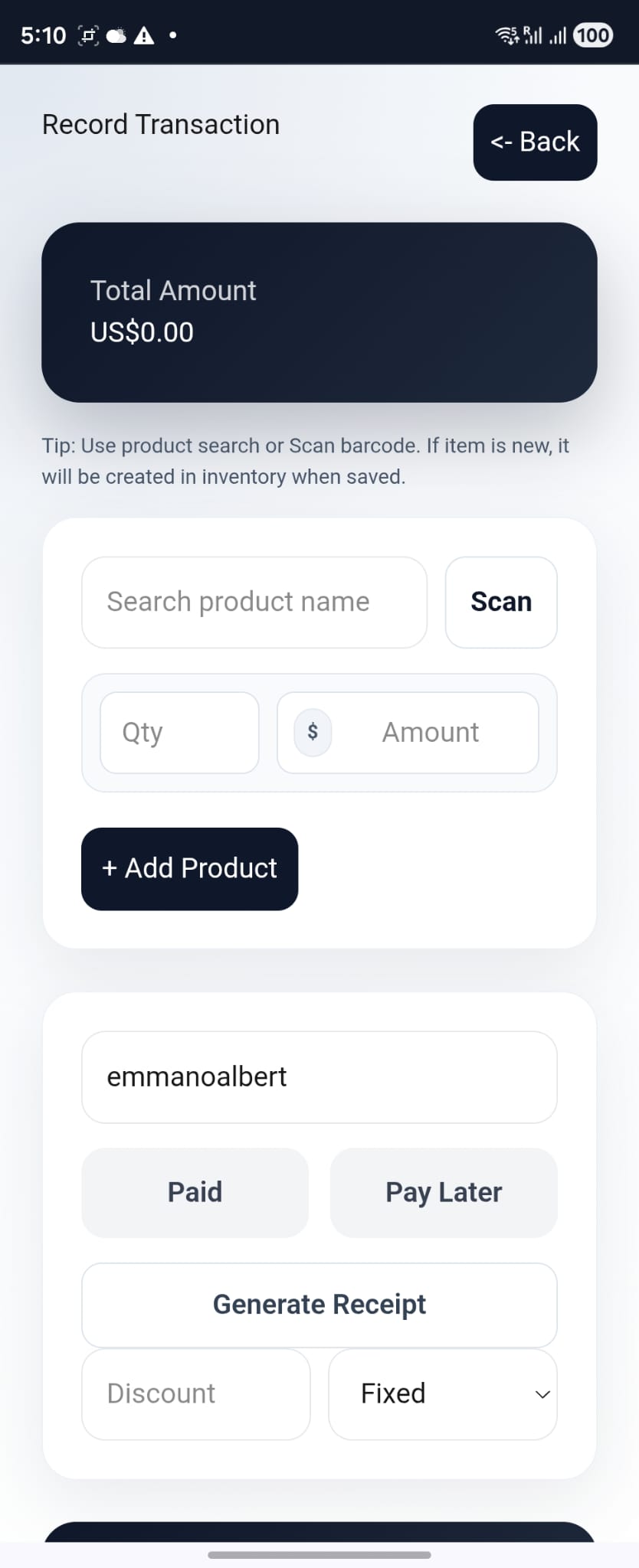 Sale screen with barcode scan button and product entry fields