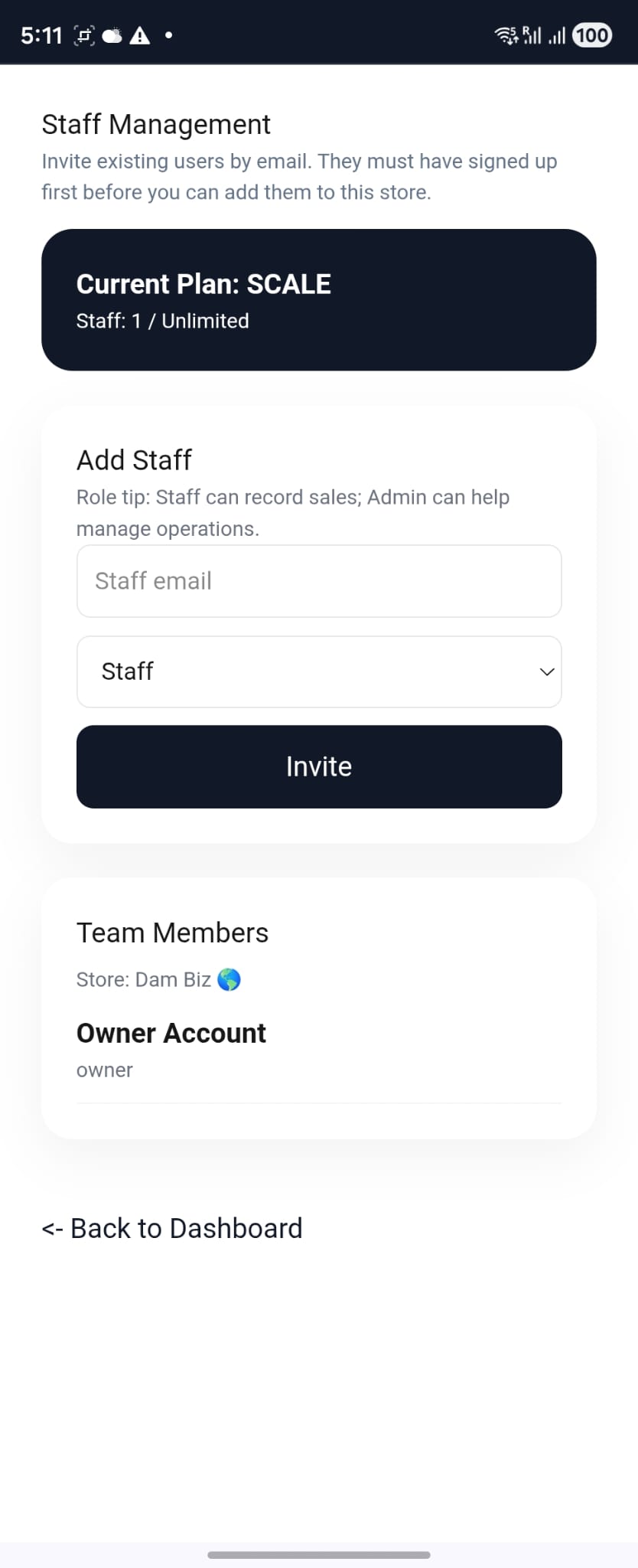 Staff management and team control screen for South African retailers